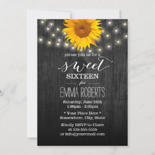 Invitation Sweet 16 Tournesol & Chaînes Lumières Bois Vintage