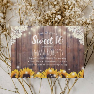 Invitation Sweet 16 Tournesols rustiques et lumières à cordes