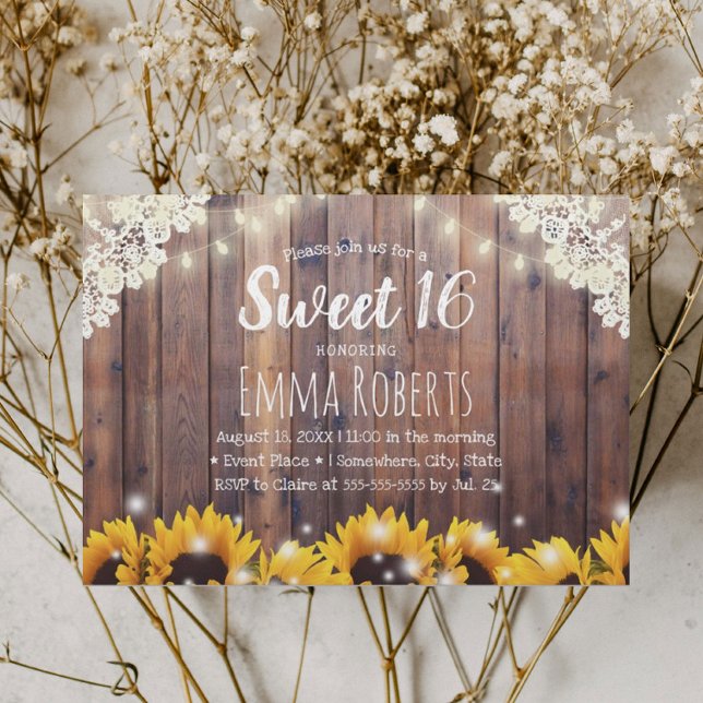 Invitation Sweet 16 Tournesols rustiques et lumières à cordes (Créateur téléchargé)