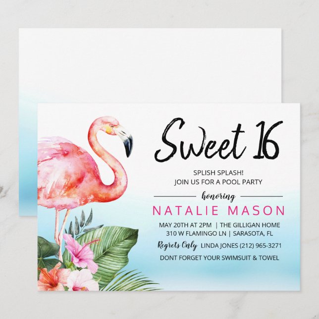 Invitation Sweet 16 Tropical Pool Party Anniversaire Invitati (Devant / Derrière)