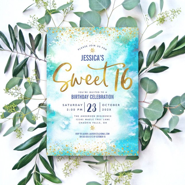 Invitation Sweet 16 Turquoise Aquarelle Or fille Anniversaire (Créateur téléchargé)