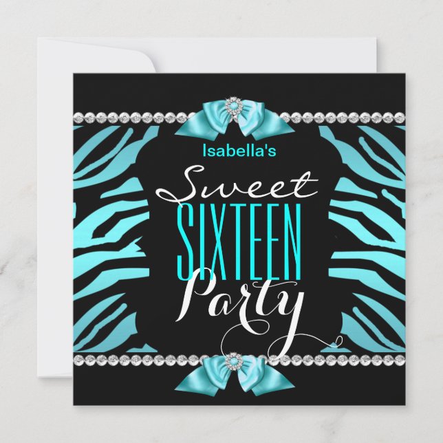 Invitation Sweet 16 Turquoise Bleu Zèbre Noir Blanc Anniversa (Devant)