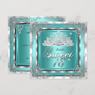 Invitation Sweet 16 Turquoise Blue Silver Diamond Tiara Party