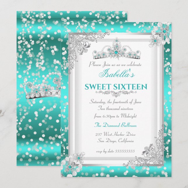 Invitation Sweet 16 Turquoise Blue Silver Snowflake Tiara (Devant / Derrière)