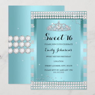 Invitation Sweet 16 Turquoise Blue Sparkle Tiara fête d'anniv
