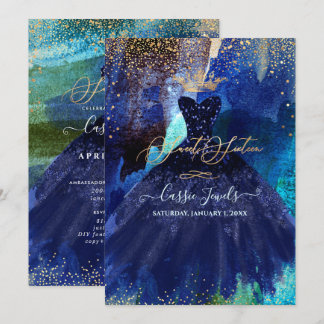 Invitation Sweet 16 Turquoise Marine bleu Aquarelle Gown