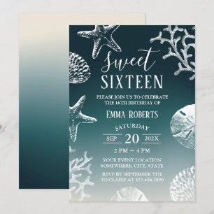 Invitation Sweet 16 Turquoise Ombre Beach Starfish & Seashell