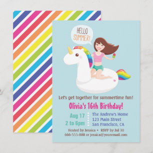 Invitation Sweet 16 Unicorn Pool Float été fête d'anniversair