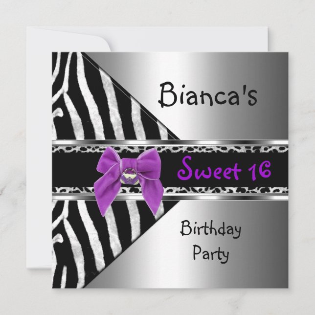 Invitation Sweet 16 violet argenté noir Zèbre Léopard (Devant)