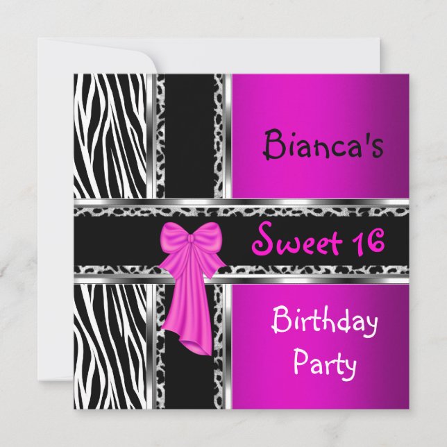 Invitation Sweet 16 violet rose argent noir Zèbre noir Léopar (Devant)