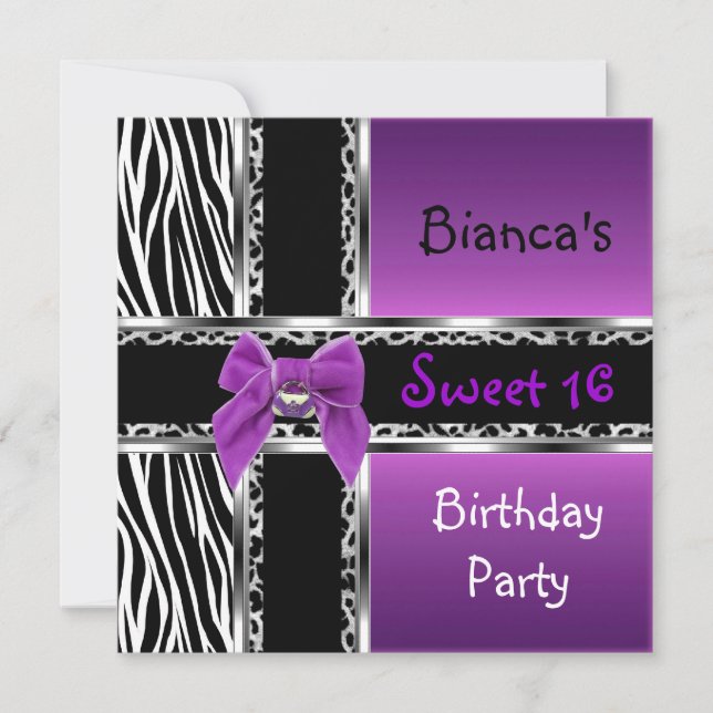 Invitation Sweet 16 violet rose argent noir Zèbre noir Léopar (Devant)