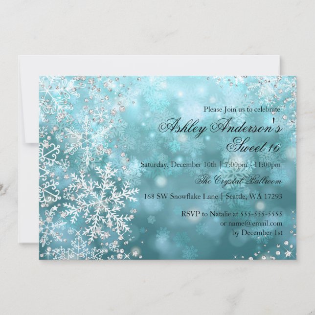 Invitation Sweet 16 Winter Wonderland Sparkle Snowflakes (Devant)