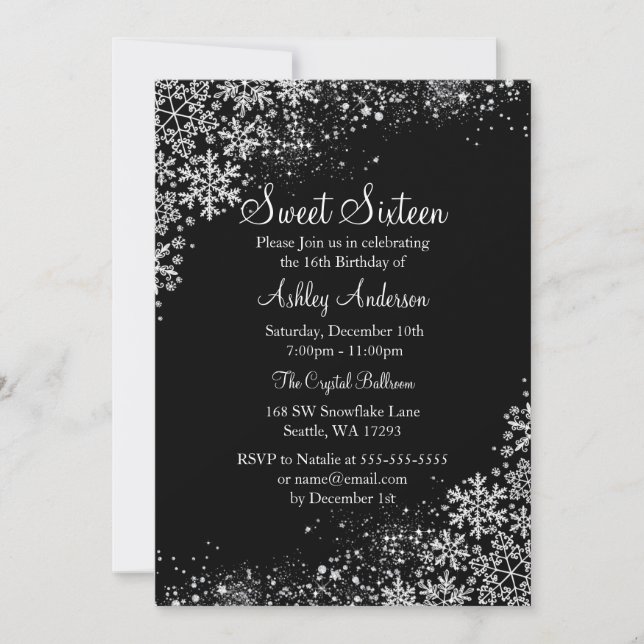 Invitation Sweet 16 Winter Wonderland Sparkle Snowflakes (Devant)