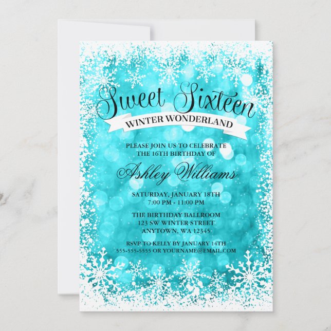 Invitation Sweet 16 Winter Wonderland Turquoise Parties scint (Devant)
