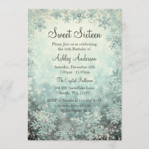 Invitation Sweet 16 Winter Wonderland Turquoises Snowflakes