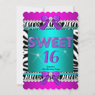 Invitation Sweet 16 Zebra rose Turquoise Purple Bow Fun Party