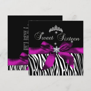 Invitation Sweet 16  Zèbre Rose Noir Blanc Diamants