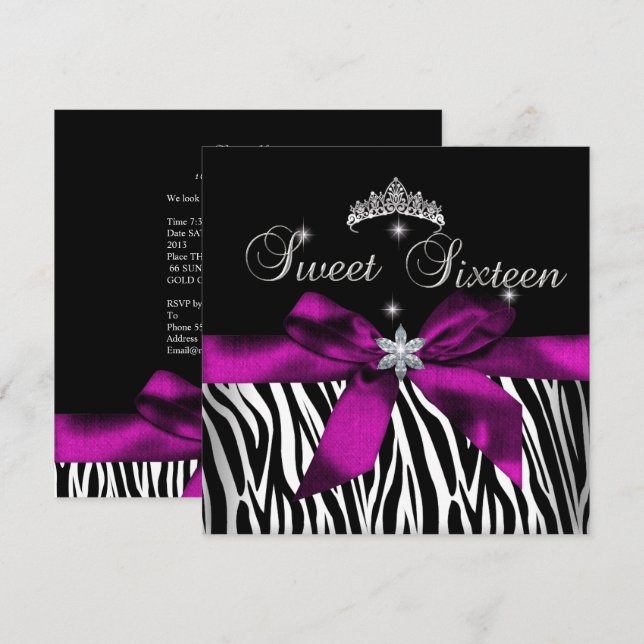 Invitation Sweet 16 Zèbre rose noir Diamants blancs (Devant / Derrière)