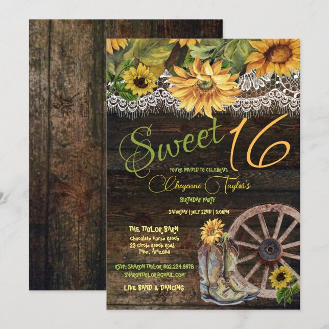 Invitation Sweet 16e anniversaire Grange Bois Sunflower dente (Devant / Derrière)