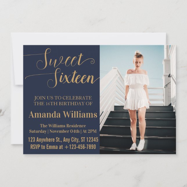Invitation Sweet 16e anniversaire Photo Blue and Gold Luxury (Devant)