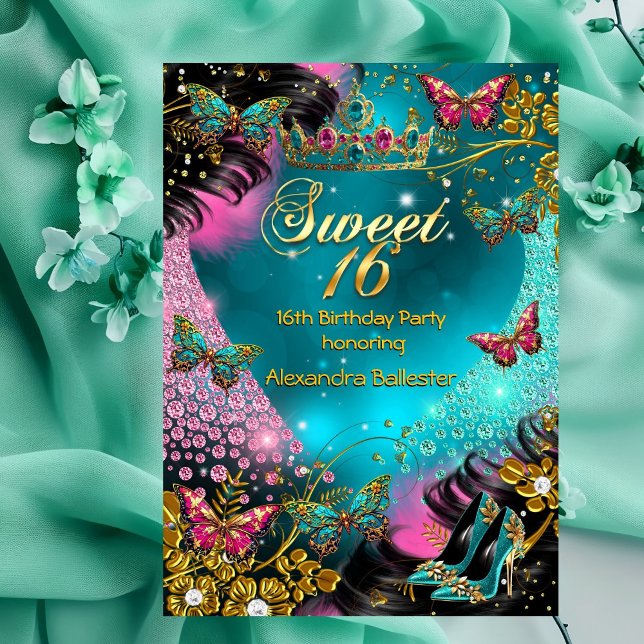 Invitation Sweet 16e anniversaire Turquoise Pink Gold Butterf (Créateur téléchargé)