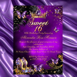 Invitation Sweet 16e anniversaire violet or noir papillon noi