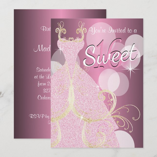 Invitation Sweet 16e fête d'anniversaire (Devant / Derrière)