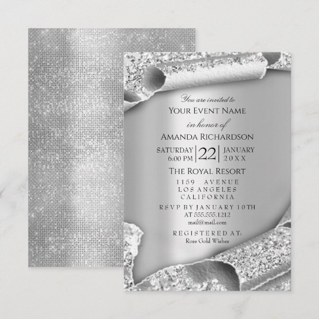 Invitation Sweet 16e Mariage nuptiale 3D Rose argent (Devant / Derrière)