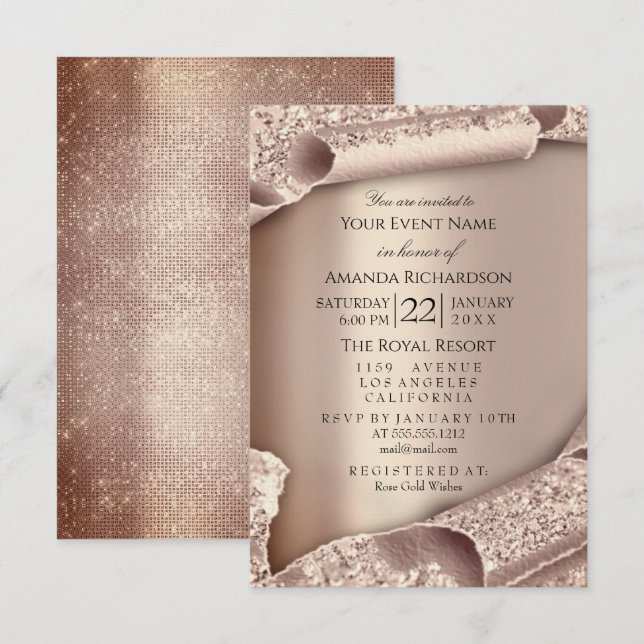 Invitation Sweet 16e Mariage nuptiale 3D Rose or (Devant / Derrière)