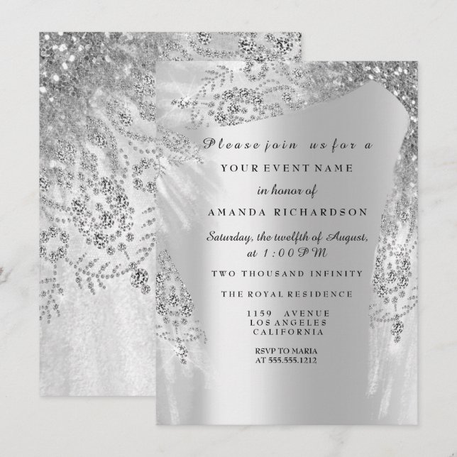 Invitation Sweet 16ème Fête des mariées Argent Royal Grey Dia (Devant / Derrière)