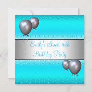 Invitation Sweet 16th Aqua Silver Balloon fête d'anniversaire