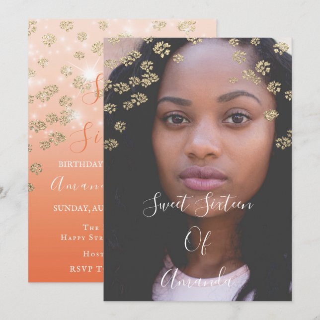 Invitation Sweet 16th Coral Flowers Gold Ombre Photo Ombre (Devant / Derrière)