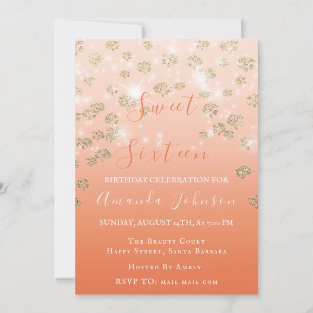 Invitation Sweet 16th Coral Flowers Gold Ombre Photo Sparkly (Dos)
