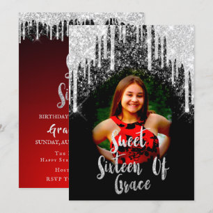 Invitation Sweet 16th Elisabeth Red Grey Silver Drips Photo