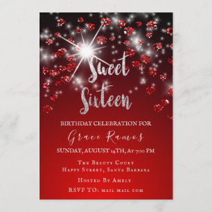 Invitation Sweet 16th Elisabeth Red Grey Silver Drips Photo