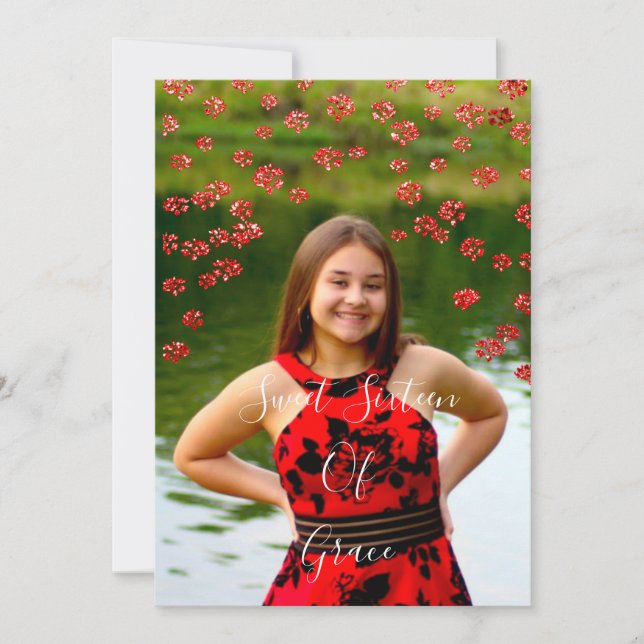 Invitation Sweet 16th Elisabeth Red Grey Silver Drips Photo (Devant)