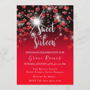 Invitation Sweet 16th Elisabeth Red Grey Silver Drips Photo