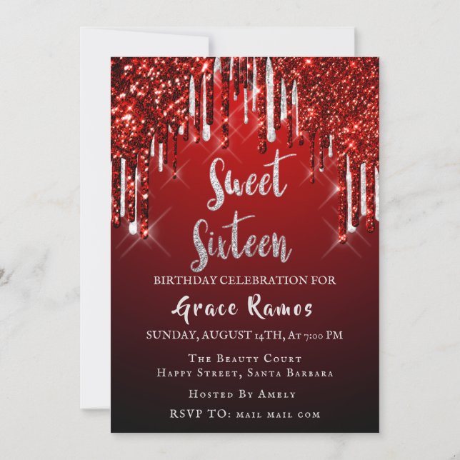 Invitation Sweet 16th Elisabeth Red Grey Silver Drips Photo (Dos)