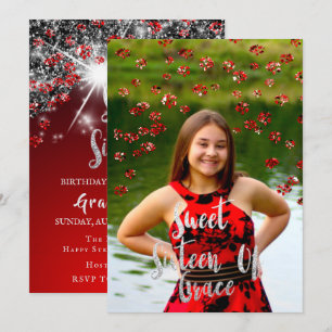 Invitation Sweet 16th Elisabeth Red Grey Silver Drips Photo