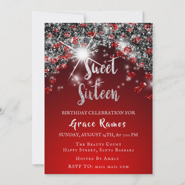 Invitation Sweet 16th Elisabeth Red Grey Silver Drips Photo (Dos)