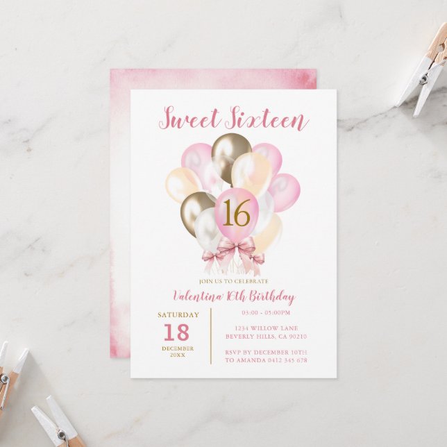 Invitation Sweet 16th Girl Birthday Pink Bow Gold Balloon (Devant/Arrière en situation)