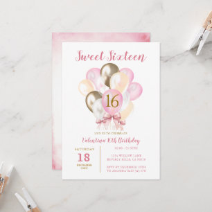 Invitation Sweet 16th Girl Birthday Pink Bow Gold Balloon