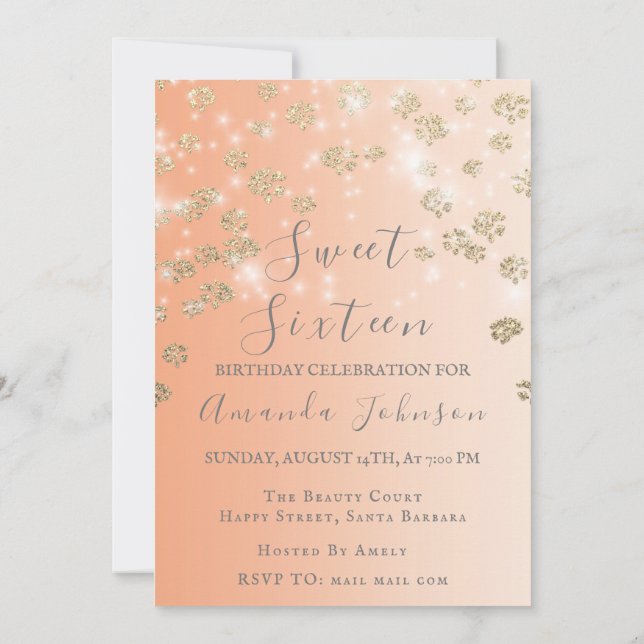 Invitation Sweet 16th Peach Flowers Gold Ombre Photo Grey (Dos)