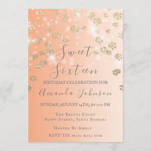 Invitation Sweet 16th Peach Flowers Gold Ombre Photo Grey