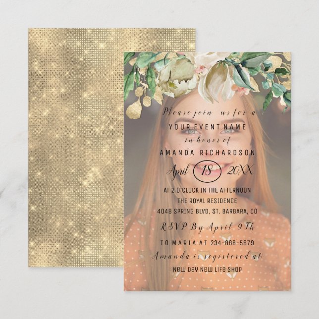 Invitation Sweet 16th Photo Flowers Gold Spark Girly (Devant / Derrière)
