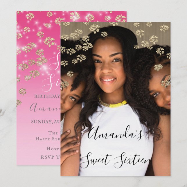 Invitation Sweet 16th Pink Flowers Gold Ombre Photo Grey (Devant / Derrière)