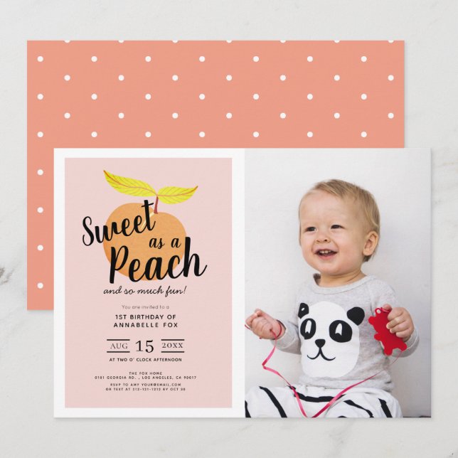 Invitation Sweet as a Peach Cute Girl Photo1st Birthday (Devant / Derrière)