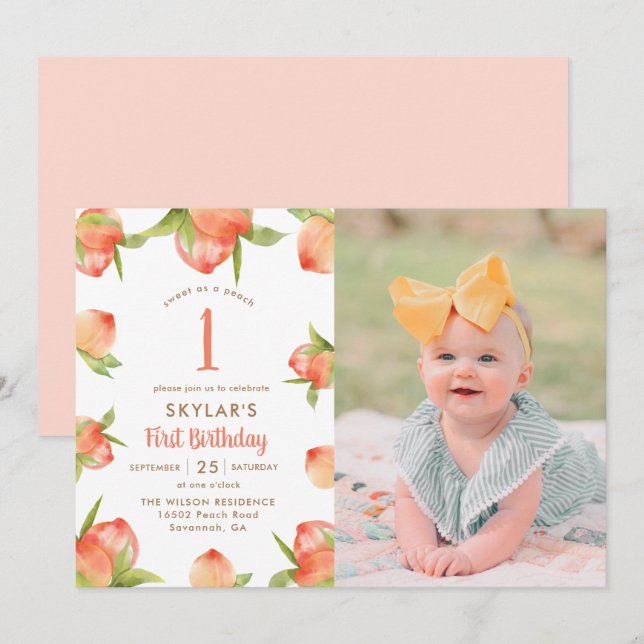 Invitation Sweet As A Peach Girl First Birthday Photo (Devant / Derrière)