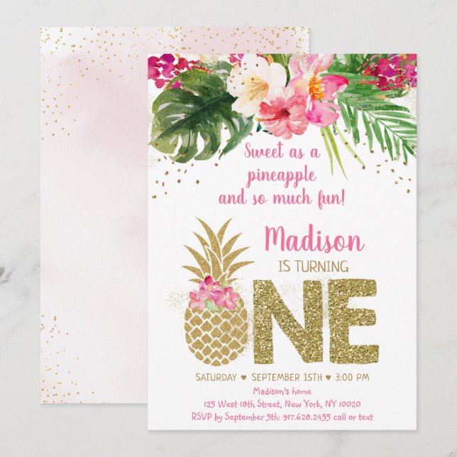 Invitation Sweet As A Pineappy Pink Gold Premier Anniversaire (Devant / Derrière)