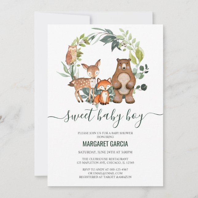 Invitation Sweet Baby Boy Baby shower d'animaux de bois (Devant)